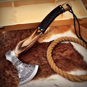 High Quality Handmade High Carbon Steel <b>Axe</b> Head Beautiful Pattern <b>Wood</b> Handle with Leather Sheath Outdoor Hatchet - Product Image 3