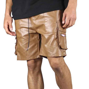Shorts cargo en cuir PU marron sur mesure pour hommes, avec cordon de serrage à la taille et plusieurs poches, style décontracté, longueur courte - Product Image 2
