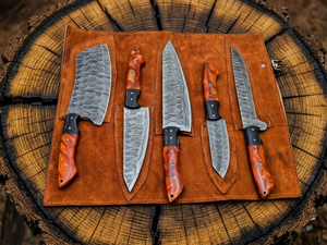 Juego de Cuchillos de Chef de 5 Piezas de Acero de Damasco Hecho a Mano, Mango de Resina Exótica Marrón, Filo Afilado como una Navaja, con Funda de Cuero - Product Image 6