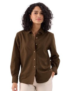 Camisa de Mujer Verde Oliva con Botones, Manga Larga, Color Sólido, Blusa Casual, Corte Regular, Tela Popelina, para Todas las Temporadas - Product Image 1