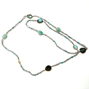 Natural Labradorite Larimar Sterling Silver Beaded <b>Statement</b> <b>Necklace</b> Gold Plated Bezel Multi Gemstone Layered Chain Long - Product Image 3