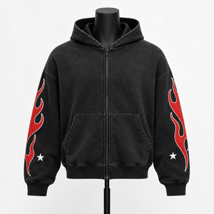 Custom Men's Black Full <b>Zip</b> <b>Hoodie</b> Flame Design <b>Y2K</b> Streetwear Fleece Sweatshirt OEM Clothing Factory - Product Image 1
