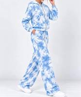 Ensemble de survêtement bleu et blanc tie-dye avec sweat à capuche zippé et pantalon de jogging, tenue décontractée de sport et de détente, service OEM