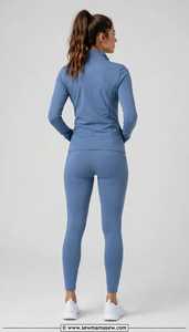 Ensemble de survêtement bleu uni pour femme, veste à fermeture éclair et leggings, tenue sportive - Product Image 2