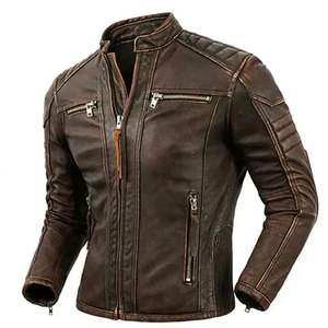 Econex Sports Brown Genuine Leather Moto <b>Jacket</b> Men Waterproof Windproof Turn-down Collar Zipper Closure <b>Slim</b> <b>Fit</b> Winter Style - Product Image 1