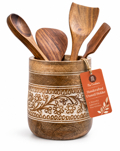 Large <b>Kitchen</b> <b>Utensil</b> <b>Holder</b> Mango Wood Farmhouse Hand Carved <b>Utensils</b> Crock Spatula Organizer Custom Wholesale Handmade - Product Image 1