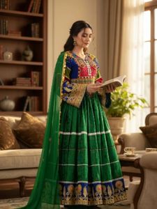 Robe maxi afghane brodée avec des blocs de couleur et des travaux manuels, pour les occasions festives, style bohème, manches longues, coupe trapèze, robes décontractées. - Product Image 3