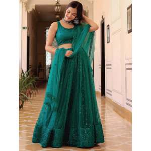 Teal Green Soft Net <b>Sequins</b> Monochrome Lehenga Choli for Women - Product Image 6