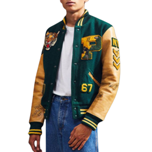 High Quality ODM OEM Customized Men's <b>Winter</b> Varsity <b>Jacket</b> Hooded 100% Wool <b>Leather</b> Sleeves Stand Collar Outdoor Streetwear - Product Image 6