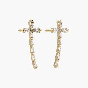 Modernos Pendientes de Cruz con Diamantes de Laboratorio Baguette en Oro de 14K, 0.40CTW, Elegantes Pendientes Religiosos, Joyería Fina para Mujer, Regalo - Product Image 3