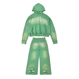 Conjunto de chándal de algodón grueso personalizado de moda, con efecto desgastado, lavado ácido y pedrería, que incluye sudadera con capucha con cremallera y pantalones de chándal. - Product Image 4