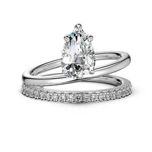 Bague de fiançailles double bande en or blanc massif 10k 14k 18k avec diamant taille poire cultivé en laboratoire et accent pavé, alliance solitaire pour femme - Product Image 1