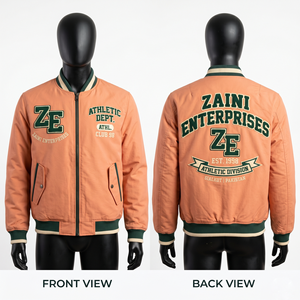 เสื้อแจ็คเก็ตบอมเบอร์ผู้ชายผ้าคอตตอนทวิลพรีเมียม 320 GSM สีพีชกรีนครีม ปักลายเชนิลล์แบบกำหนดเอง รับผลิตแบบ OEM ODM - Product Image 1