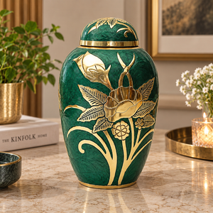 Urna de Metal con Diseño Floral Botánico, Acabado Verde Esmeralda y Dorado, Florero Decorativo Conmemorativo con Tapa - Product Image 1