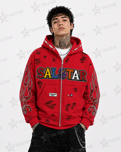 Sweat-shirt à capuche zippé pour homme, personnalisé, avec graphisme en strass rouges, style streetwear, broderie premium, mode hip-hop - Product Image 3