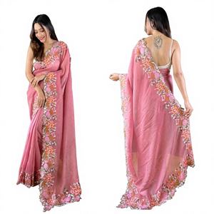 Sari en soie douce et brillante de haute qualité, de créateur, très demandé, avec broderies, style indien et pakistanais, pour femme, idéal pour les fêtes, intemporel. - Product Image 1