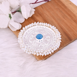 Bague ajustable grande taille style bohème avec motif floral, pierres œil-de-chat bleues et perles - Product Image 5