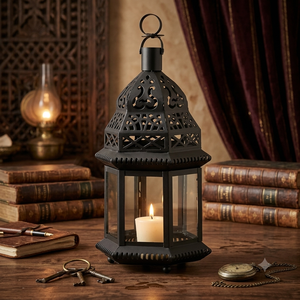 Lanterne en fer de style marocain avec panneaux en verre et porte-bougie pour la décoration de la maison - Product Image 3