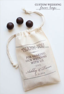 Sac en toile à cordon imprimé pour cadeaux de mariage, petit sac promotionnel en tissu blanc fait main - Product Image 6