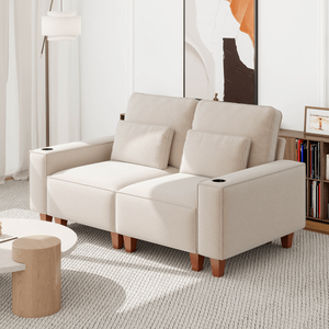 Divano Moderno e Accogliente a 2 Posti in Ciniglia con Seduta Profonda, Portabicchieri in Acciaio Inox Spazzolato e 2 Cuscini Decorativi per Soggiorno - Product Image 3