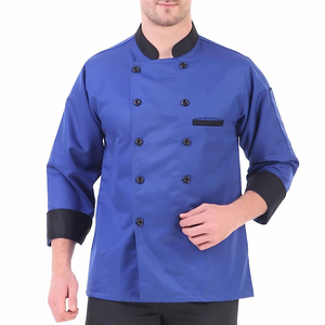 Veste de chef bleue pour homme, manches longues, polyester et coton tissé, uniforme pour restaurant et bar, fermeture à boutons, bordure noire - Product Image 1