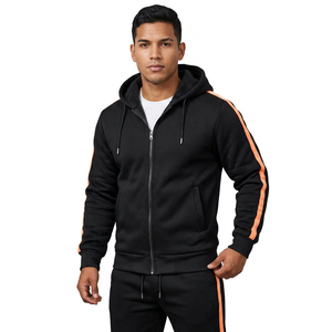 Survêtement à capuche noir pour homme avec bandes latérales orange, fermeture éclair intégrale, décontracté, pour l'automne, coupe classique, en polyester et coton - Product Image 4
