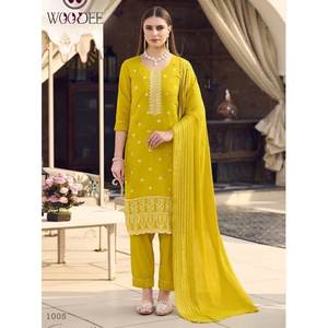 NOUVEAU ARRIVÉ Roman Silk Sequence Coding Work Top & Bottom Set avec Dupatta Yellow - Product Image 1