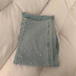 Nouveau Jean Femme 2026 Coupe Droite Taille Haute Effet Délavé avec Strass et Jambes Larges, Personnalisable avec LOGO - Product Image 4