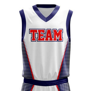 Ensemble Maillot et Short de Basketball à Panneaux Latéraux Rayés, Sublimation Intégrale, Blanc Rouge Bleu, Personnalisable avec Logo, Tenue d'Entraînement - Product Image 4