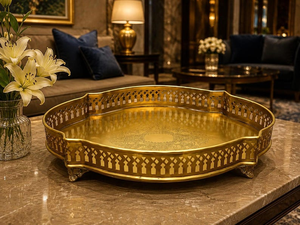 Luxury Gold Brass <b>Round</b> Decorative <b>Tray</b> with Intricate Floral Engraving Ornate Openwork Border Raised Feet and Elegant - Product Image 5