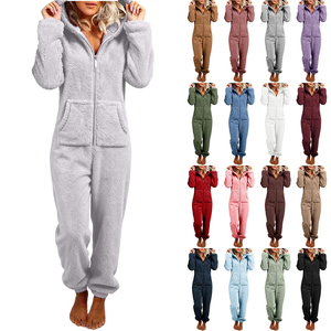 Pijama enterizo con capucha para mujer, de manga larga, color liso, de forro polar tejido, con cremallera, ropa cómoda para estar en casa, ropa de invierno - Product Image 6