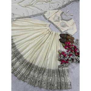 Maruti Designer White A-Line Wedding <b>Lehenga</b> Choli Sequined Three Quarter Sleeve V-neck Diamond Sequence Work XL Size Natural - Product Image 6