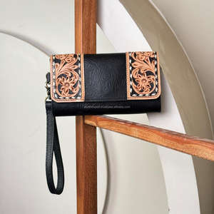 New Arrival Hand <b>Tooled</b> Embossed Print <b>Leather</b> Clutch Hot Sale New Design Genuine <b>Leather</b> Credit Card Wallet for Women's - Product Image 5