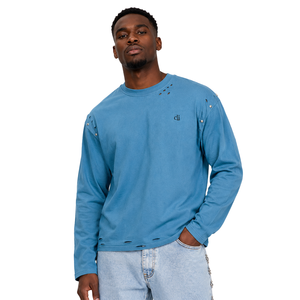 T-shirt personnalisé à manches longues effet vieilli en coton premium, coupe oversize, col rond, pour hommes, avec logo OEM découpé, style vintage, idéal pour le printemps - Product Image 1