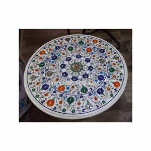 Dessus de table rond en marbre blanc de haute qualité avec incrustation de fleurs colorées avec une belle conception utilisée pour le dessus de table basse - Product Image 3