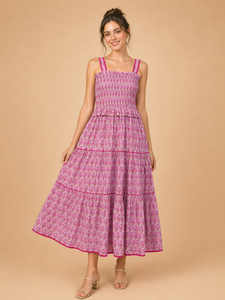Vestido Maxi Smocked Floral Rosa para Mujer al por Mayor, Sin Mangas, con Volantes, Casual de Verano, 100% Algodón Chifón - Product Image 1