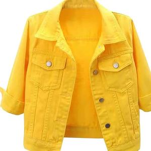 VESTE EN DENIM jaune vif pour femmes Double col vêtements d'extérieur pour jeunes à manches longues veste en jean décontractée lavée pour femmes - Product Image 5