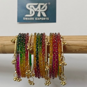 Luxury Multicolor Glass <b>Bangles</b> Set with Crystal Stone Work and Gold Ghungroo Handmade Bridal Jewelry for Womenc - Product Image 5