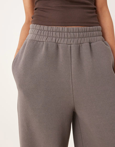 Pantalon large gris pour femme, taille haute élastique, coupe ample, longueur intégrale, couleur unie, décontracté, pour l'automne, en tissu éponge - Product Image 5