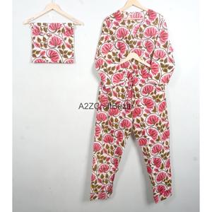 Conjunto de Pijama de Algodón Floral de 2 Piezas para Mujer, Manga Larga, Cuello en V, Cintura con Cordón Ajustable, Ropa de Dormir Informal - Product Image 2
