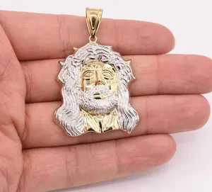Colgante de Cabeza de Jesús con Corte de Diamante de 2 1/4 Pulgadas, Unisex, Chapado en Oro Amarillo y Blanco de 10K, Estilo Vintage, Certificado IGI, Religioso - Product Image 3