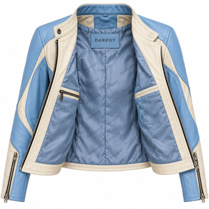 Veste de moto en cuir véritable pour femme, bicolore bleu ciel et ivoire, col mandarin, fermeture éclair diagonale, style motard/racer - Product Image 5