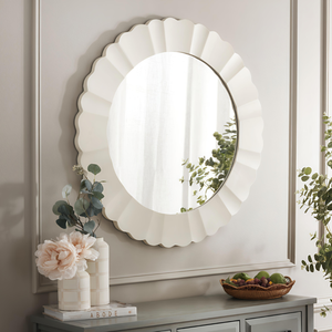 Miroir mural rond en bois sculpté avec motif floral, finition blanche, en MDF, pour dressing et salon - Product Image 2
