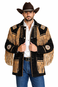 Veste Western Homme en Daim Noir à Franges, Style Moto Biker, Vintage Cowboy Rodeo, Vente en Gros Personnalisée - Product Image 2