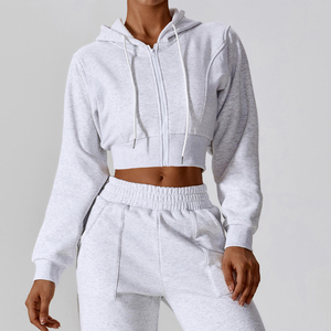 Custom Printed Front Winter <b>Knitted</b> Eco-Friendly Sportswear <b>Women</b> Crop Top Zip Hoodies Sweatpants <b>Jogger</b> Sets Drawstring Hooded - Product Image 5