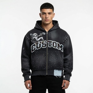 Sudadera con capucha extragrande con cremallera y logotipo personalizado, de alta calidad, 400 GSM, efecto desgastado, con pedrería, unisex, estilo urbano - Product Image 5