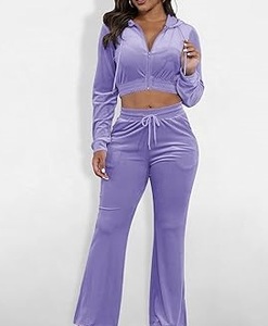 Crop Top Hooded Zipper Velvet Velour Tracksuits Stacked Flare Jogging <b>Set</b> Winter Purple Color Velvet Track Suit Sweat Suits <b>Set</b> - Product Image 2