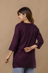 Tunique en coton marron pour femmes avec broderie florale blanche, manches 3/4, vêtement ethnique décontracté, longueur midi, coupe ample - Product Image 2