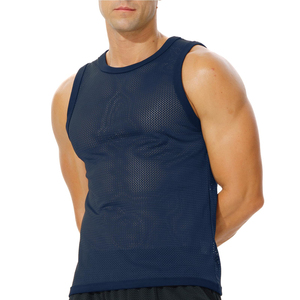 Men's <b>Navy</b> Blue O-Neck Sleeveless Tank <b>Top</b> 100% Cotton Breathable Knitted Sport & Casual Wear Front Logo - Product Image 3
