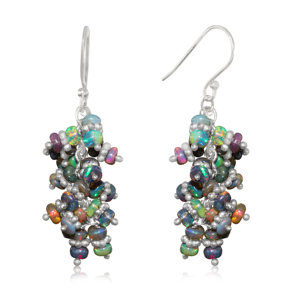 Natural Black <b>Opal</b> Beaded Rhodium Plated Sterling Silver Smooth Rondelle Drop <b>Earrings</b> for Women Wedding Jewelry Wholesale - Product Image 1